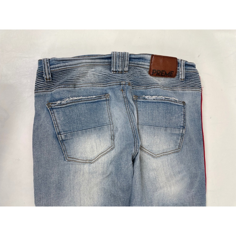 Preme Mens 34x32 Moto Biker Jeans Distressed Light Wash Side Stripe Slim Fit - Picture 5 of 10